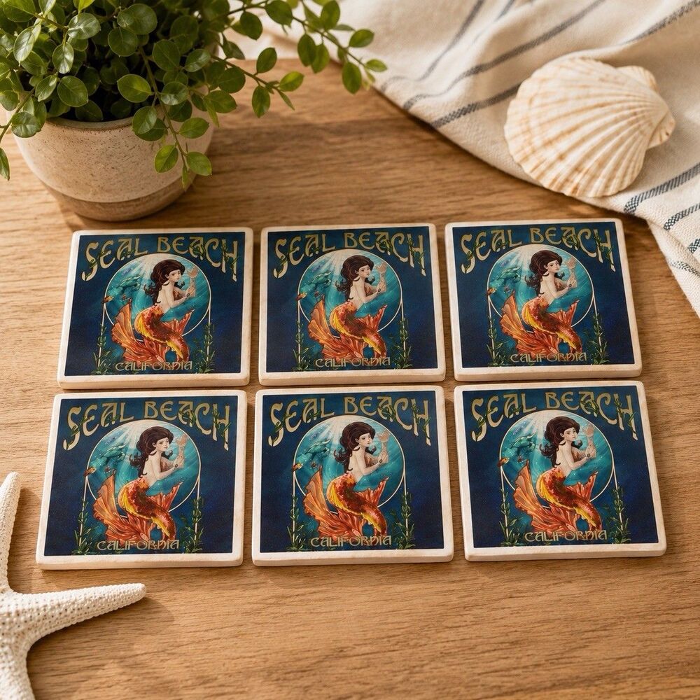 Seal Beach California Mermaid Ceramic Tile Coasters Set of 6 Cork Back Coastal